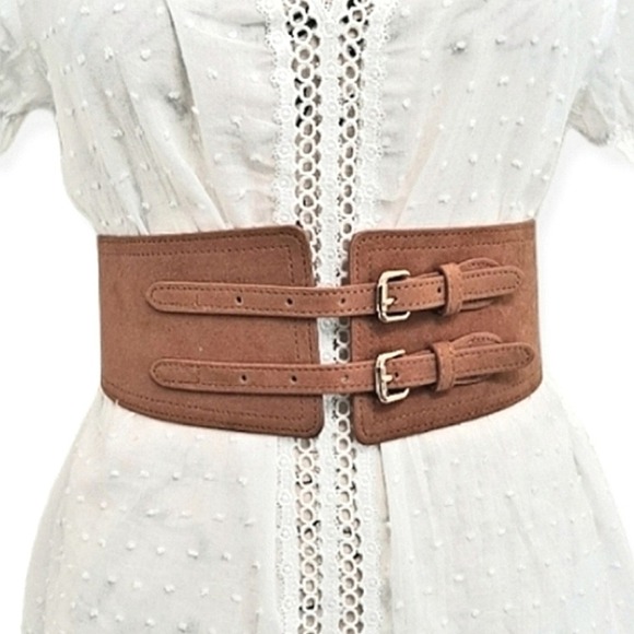 Accessories - Western Wide faux suede leather waist belt double buckle Boho Brown corset